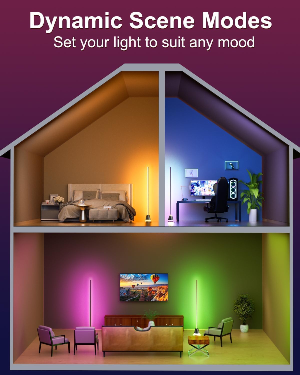Smart RGB LED Corner Floor Lamp,172 LEDs Bright Standing Lamps for Living Room with APP and Remote,Modern Floor Lamp with Music Sync and 16 Million Colors, Ambient Lighting for Bedroom