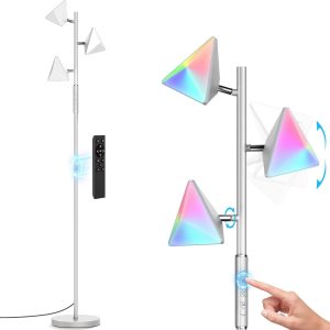 RGB Floor Lamp for Living Room, 36W LED Standing Lamp with 3 Lights, Dimmable Smart Lamp with Remote & Touch Control, Colors Changing& DIY Mode, Modern Tree Tall Lamp for Bedroom, Silver