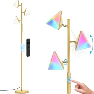 RGB Floor Lamp for Living Room, 36W LED Standing Lamp with 3 Lights, Dimmable Smart Lamp with Remote & Touch Control, Colors Changing& DIY Mode, Modern Tree Tall Lamp for Bedroom, Gold