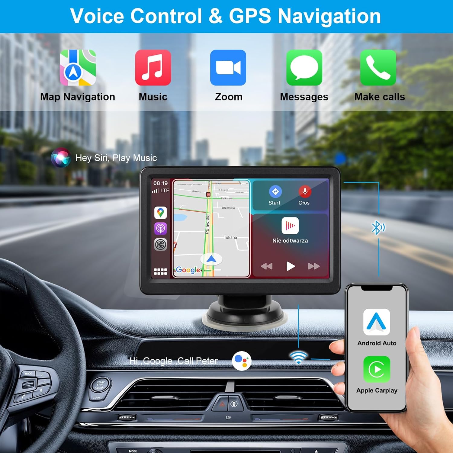 7” Wireless Apple CarPlay & Android Auto – Portable Car Stereo