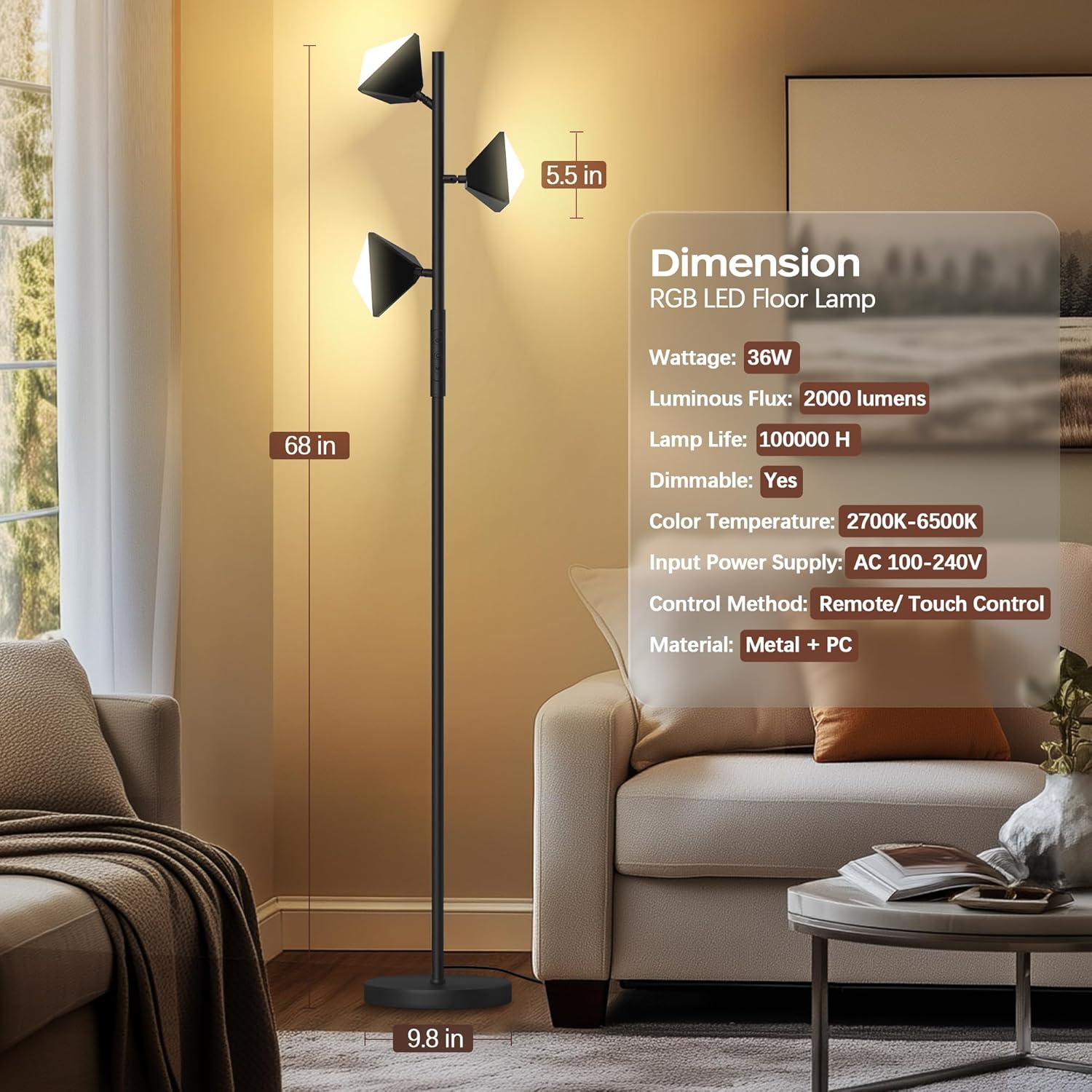 RGB Floor Lamp for Living Room, 36W LED Standing Lamp with 3 Lights, Dimmable Smart Lamp with Remote & Touch Control, Colors Changing& DIY Mode, Modern Tree Tall Lamp for Bedroom, Black