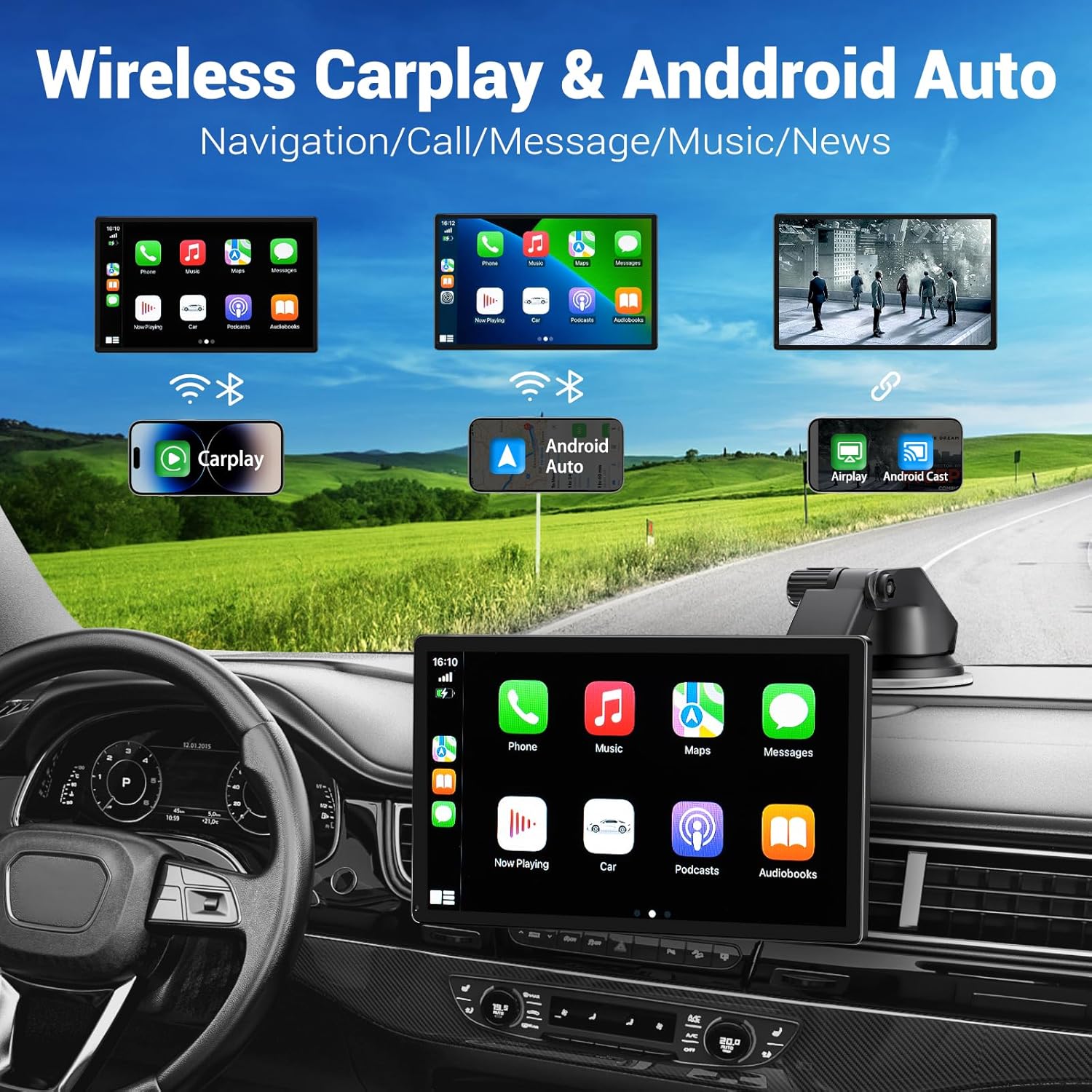 Wireless Apple CarPlay & Android Auto Screen with 4K Dash Cam – 9” HD Touchscreen & 1080p Backup Camera