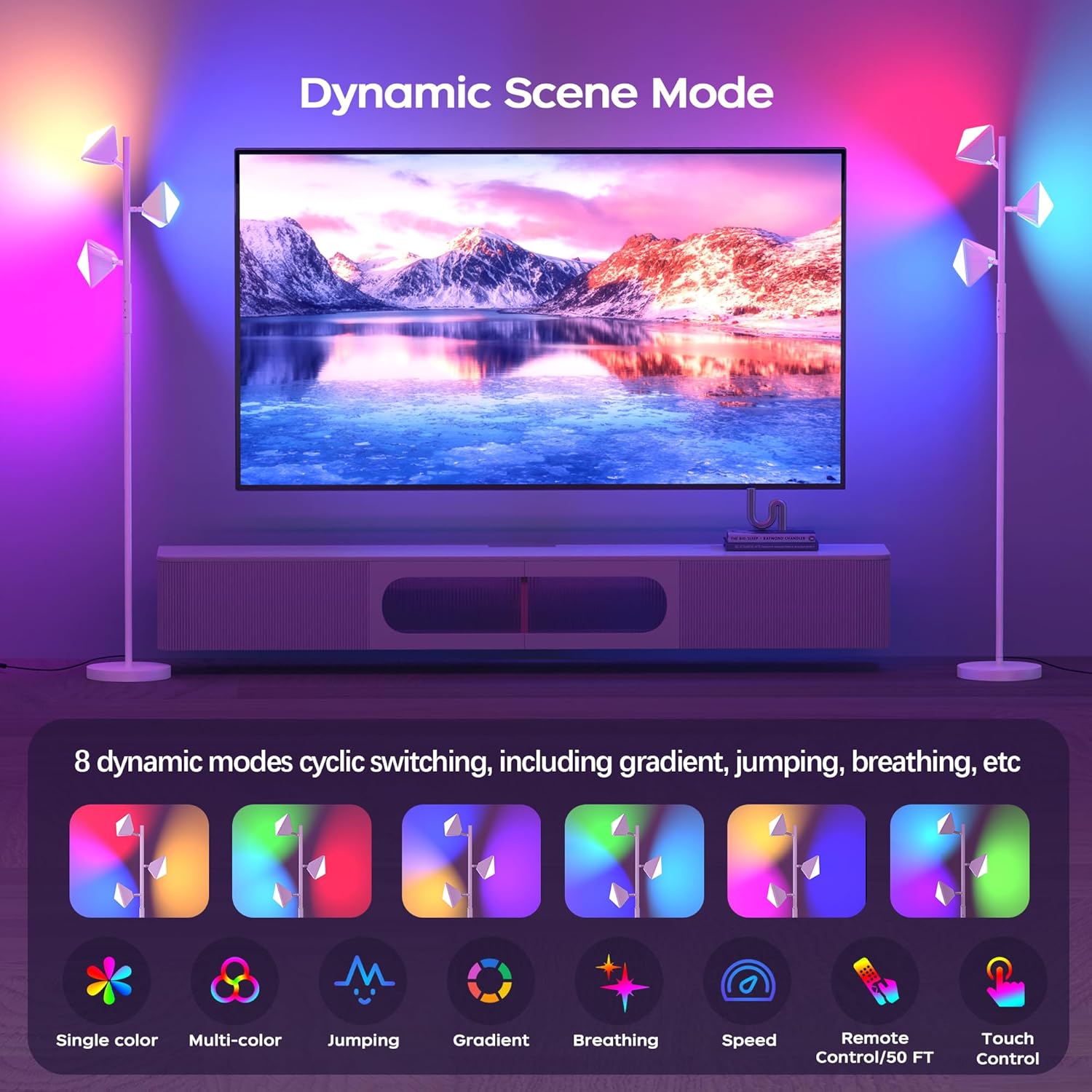 RGB Floor Lamp for Living Room, 36W LED Standing Lamp with 3 Lights, Dimmable Smart Lamp with Remote & Touch Control, Colors Changing& DIY Mode, Modern Tree Tall Lamp for Bedroom, White