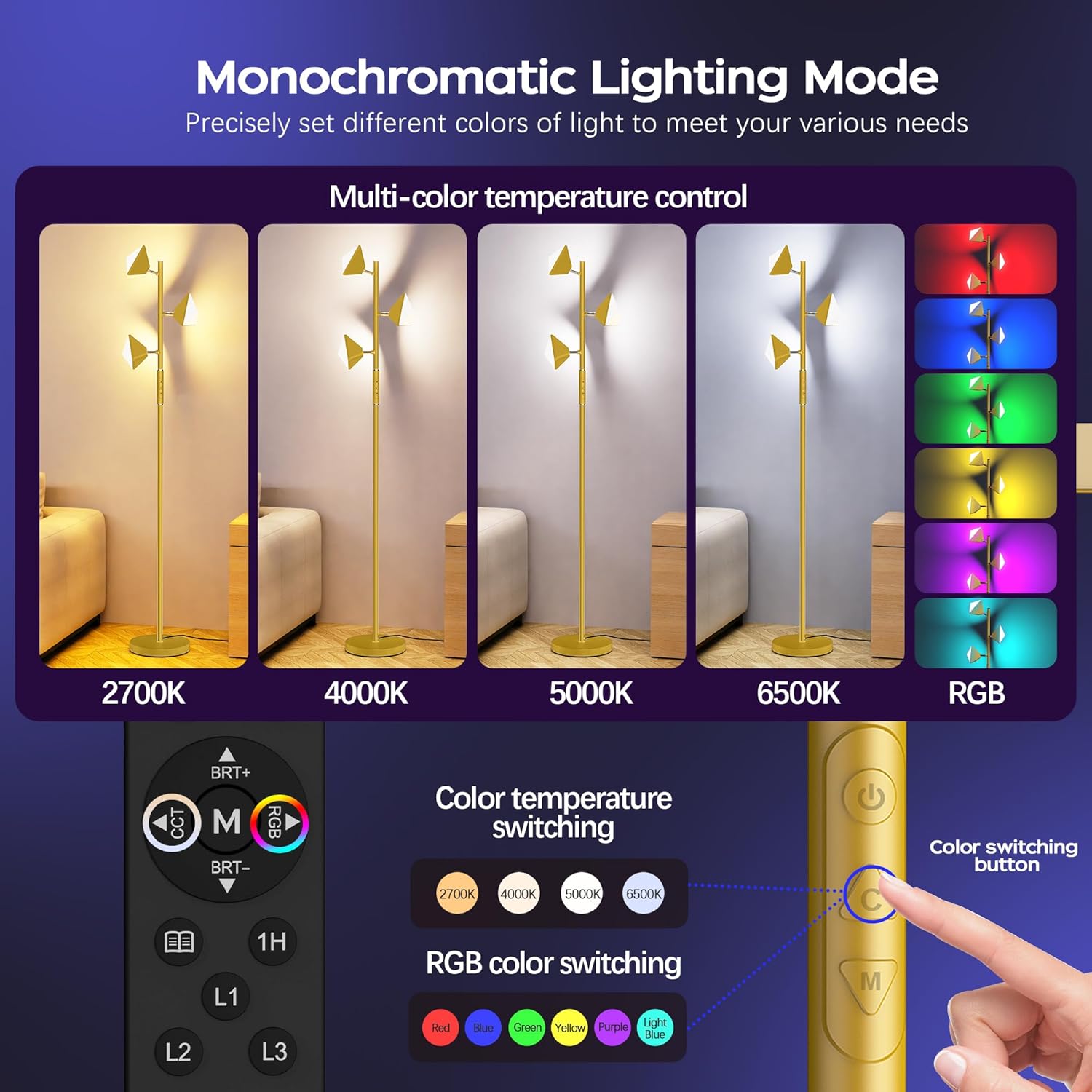 RGB Floor Lamp for Living Room, 36W LED Standing Lamp with 3 Lights, Dimmable Smart Lamp with Remote & Touch Control, Colors Changing& DIY Mode, Modern Tree Tall Lamp for Bedroom, Gold