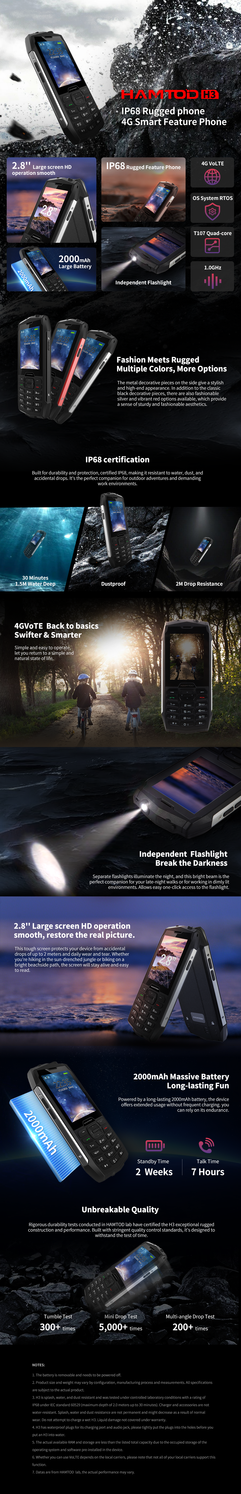 HAMTOD H3 Rugged Feature Phone – IP68 Waterproof 4G VoLTE Basic Mobile Phone with SOS & Flashlight