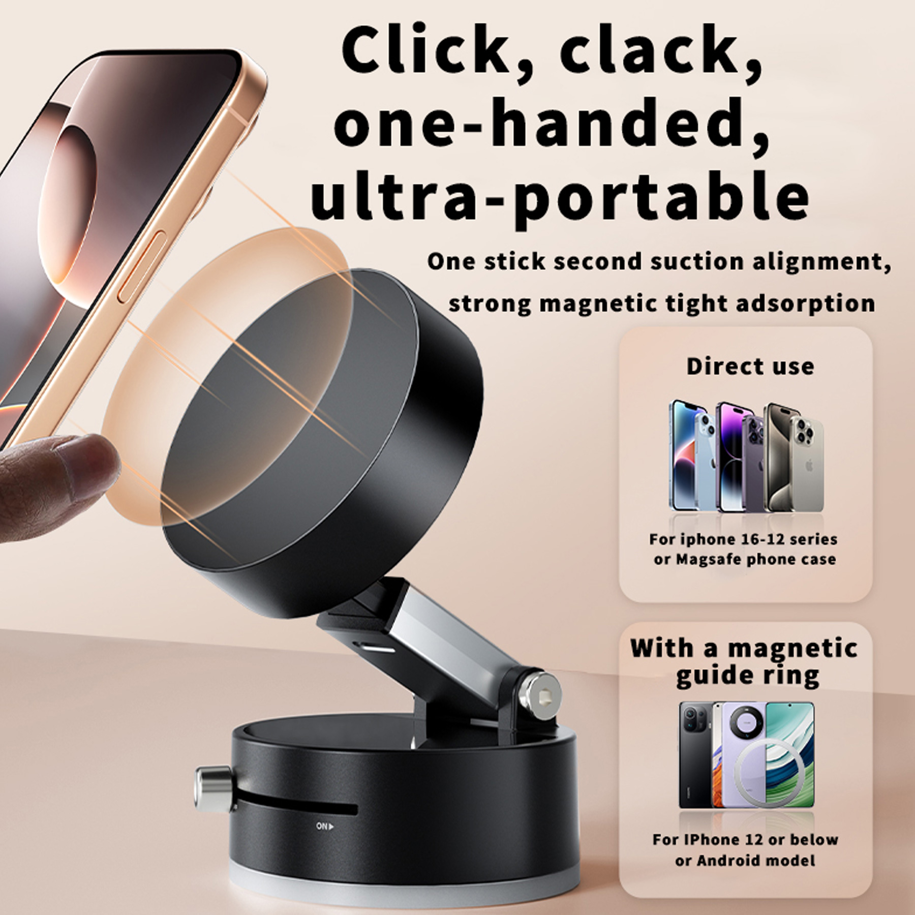 Vacuum Magnetic Suction Phone Holder – Foldable & Retractable Double-Sided Magnetic Mount for All Phones | Strong Grip for Kitchen, Bathroom, Desk & Smooth Surfaces
