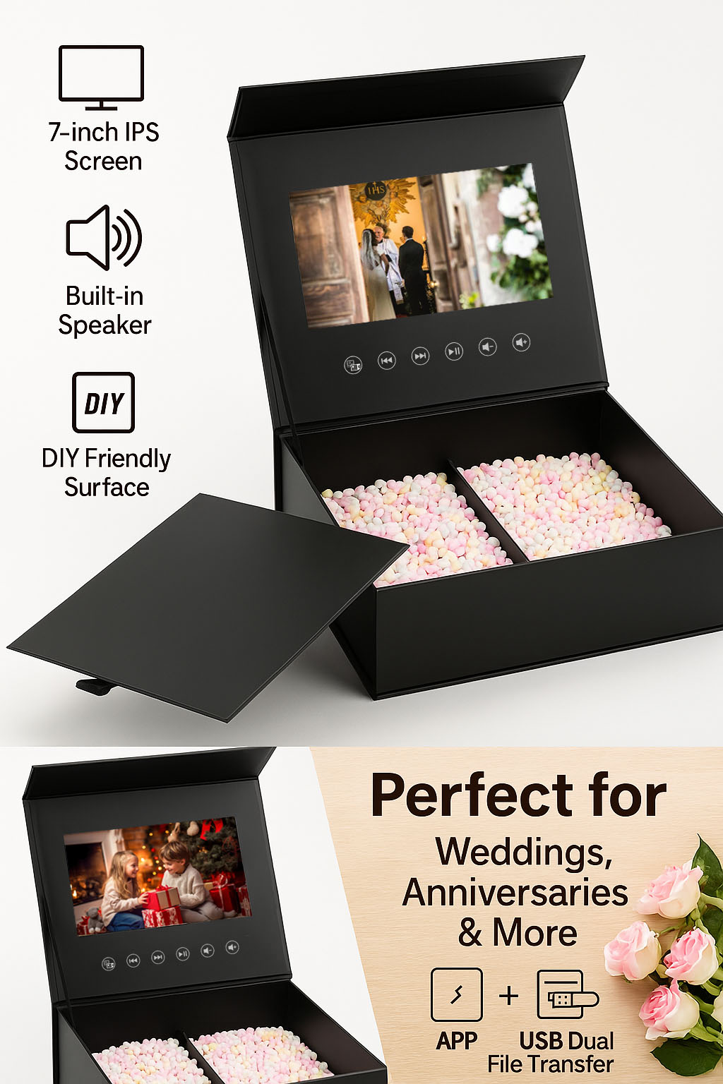 5-Inch Video Gift Box with IPS Screen – Customizable Black Paper Design, APP Control, 8GB Memory, Type-C Charging – Perfect for Unique Gifting