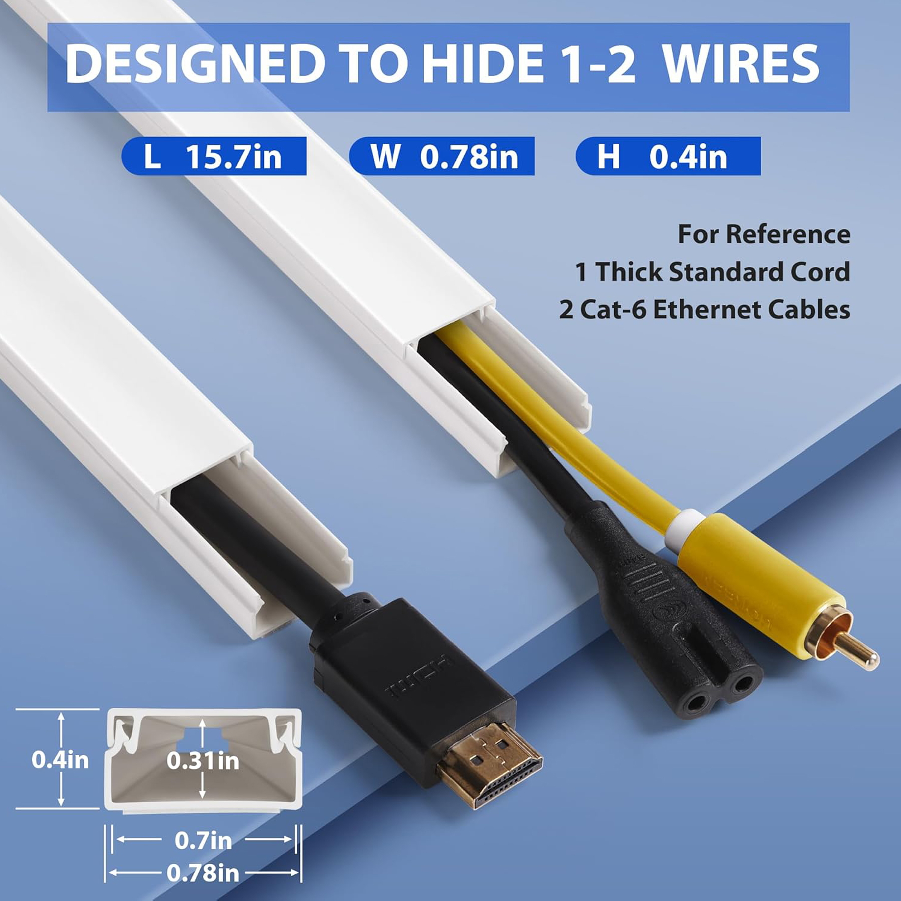 157″ Cable Raceway Kit – Wall Mounted Cord Cover for 1–2 Wires, White (10 x 15.7″)
