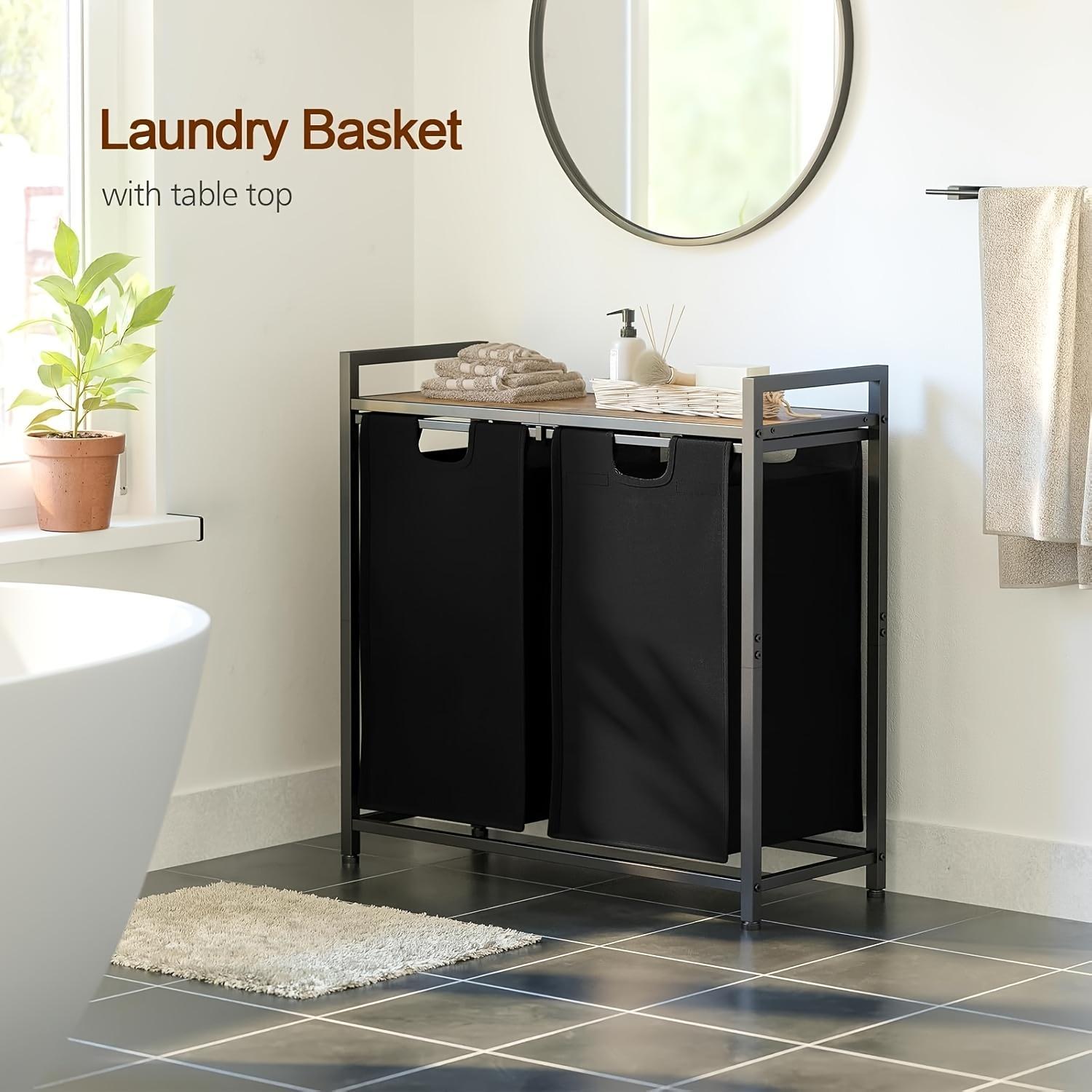 Patio Covered Laundry Basket With Rolling Wheels, Iron Laundry Sorter With Top Rack & 2 Detachable Bags, Outdoor Storage Box For Laundry