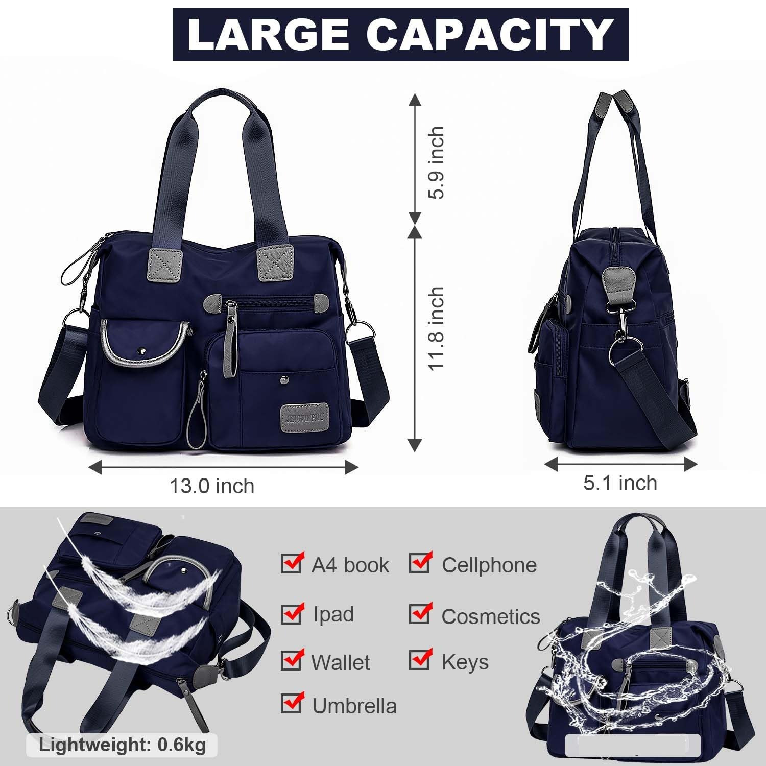 Tote Bag For Women, Multi Pockets Shoulder Handbag, Nurse Bag For Work, Large Cross Body Purse, Fashion Nylon Top Handle Satchel