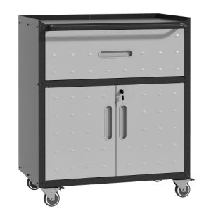 Sturdy And Durable Metal Tool Cabinet For Garage With Wheels - Mobile Heavy-Duty Storage Cabinet With 1 Drawer And 2 Locking Doors, Rolling Tool Storage Cabinet, Black And Gray